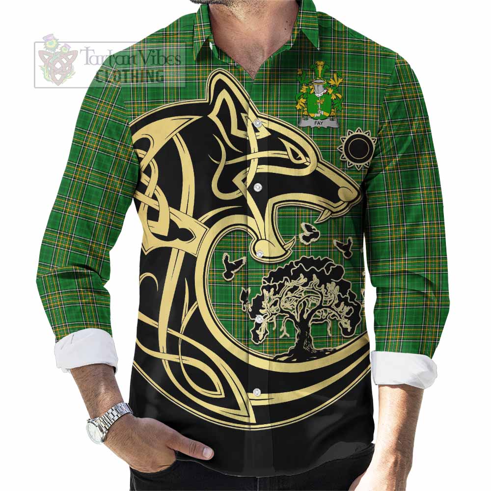 Tartan Vibes Clothing Fay Irish Tartan Long Sleeve Button Shirt with Coat of Arms Celtic Wolf Style