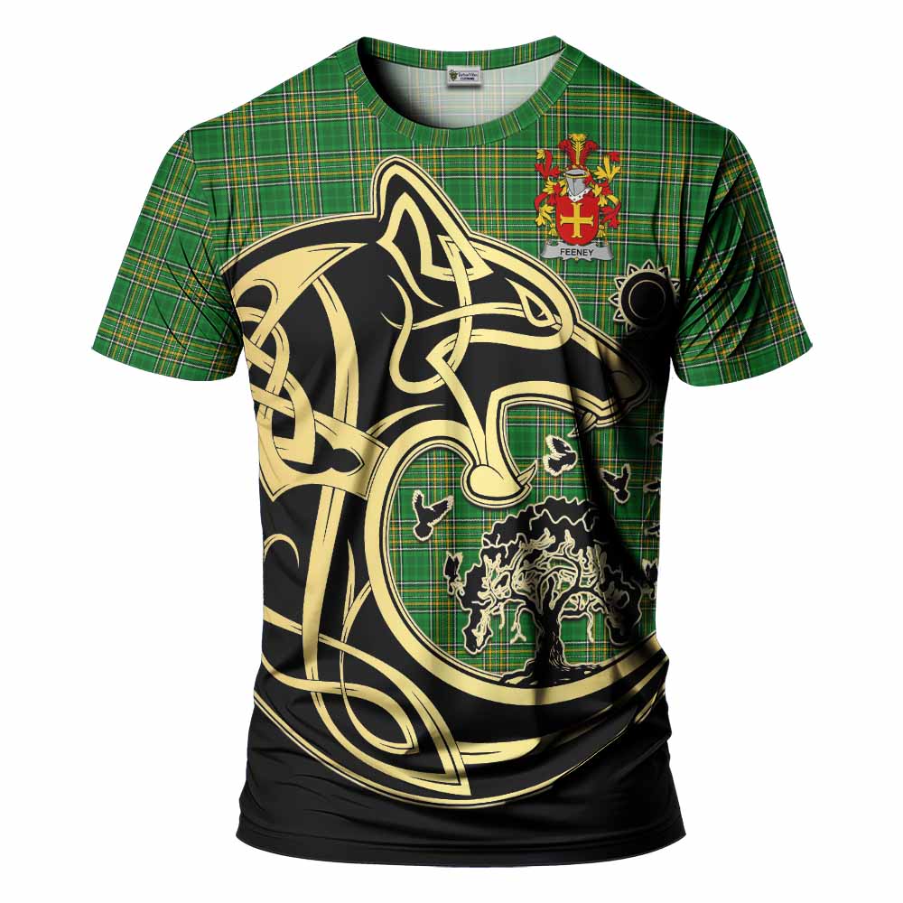 Tartan Vibes Clothing Feeney Irish Tartan T-Shirt with Coat of Arms Celtic Wolf Style