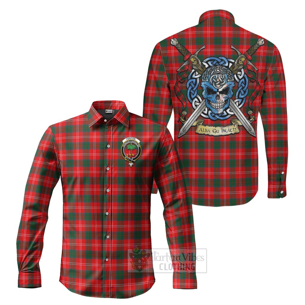 Fenton Tartan Long Sleeve Button Shirt with Family Crest Celtic Skull Style Men's Shirt S - Tartan Vibes Clothing
