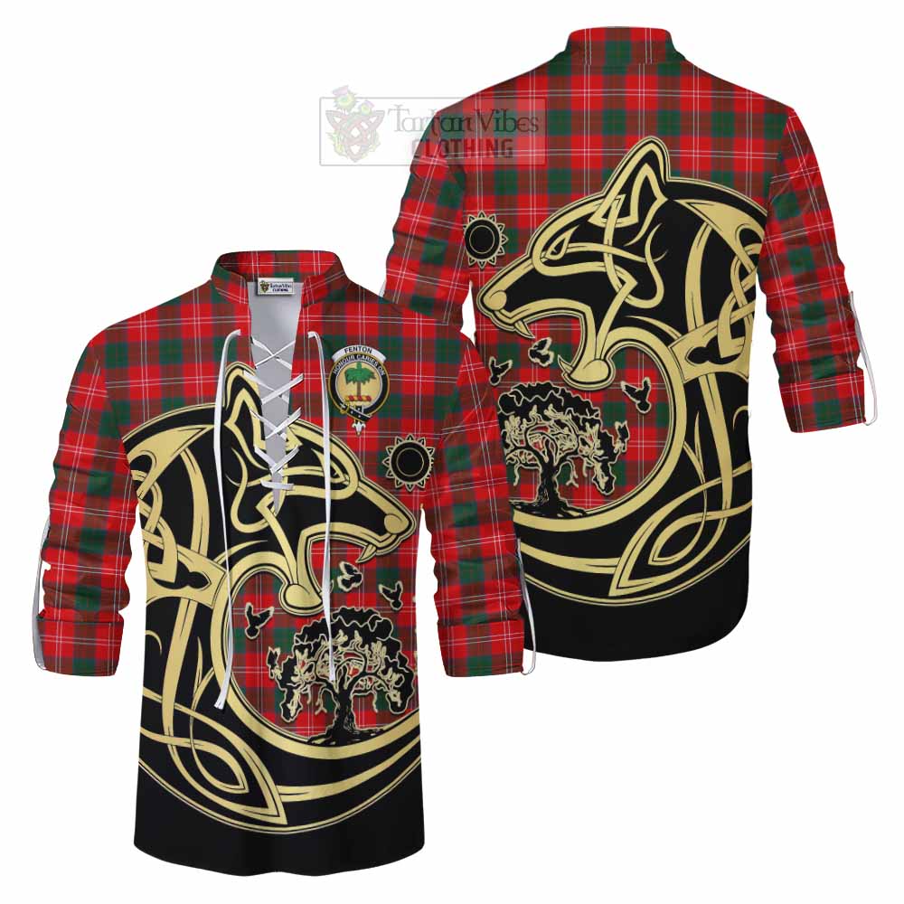 Fenton Tartan Ghillie Kilt Shirt with Family Crest Celtic Wolf Style Men - Tartan Vibes Clothing