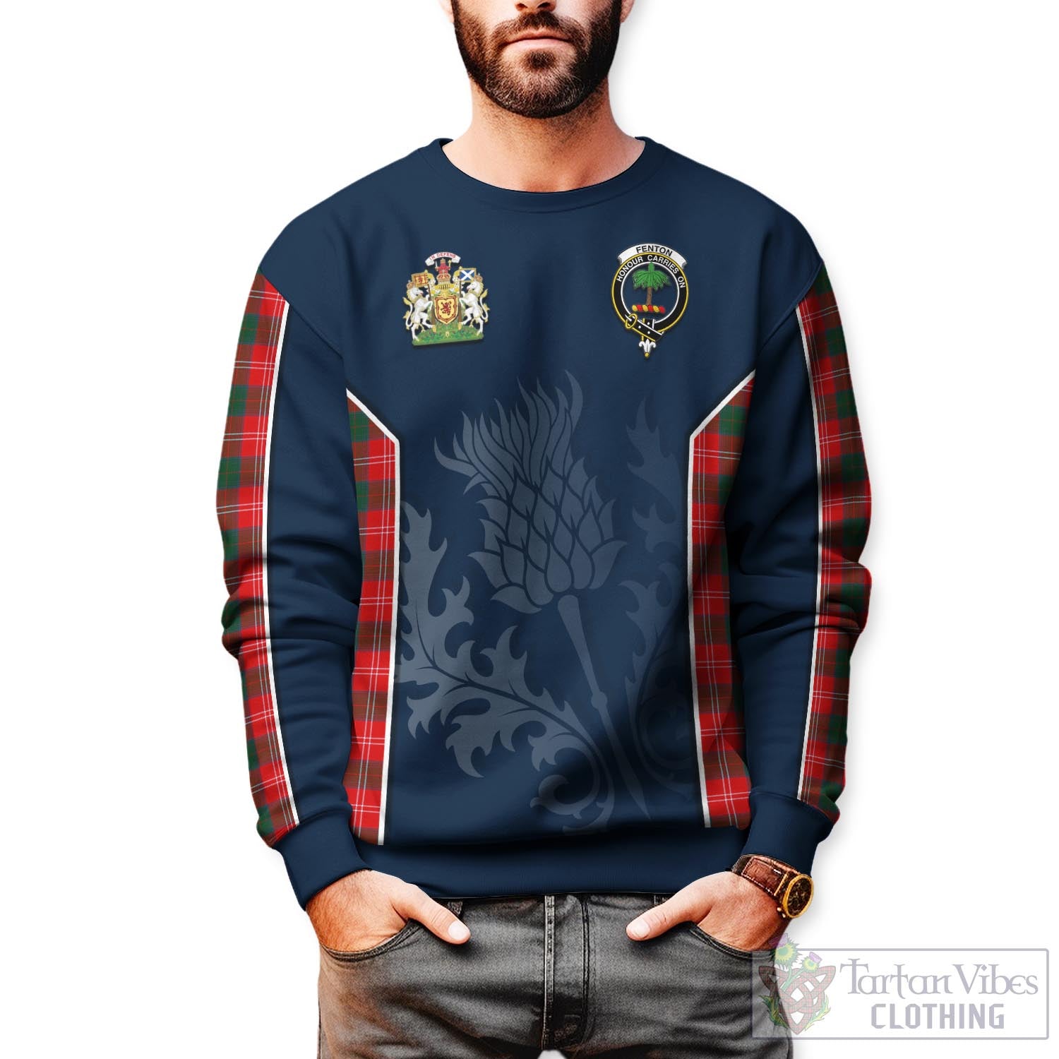 Fenton Tartan Sweatshirt with Family Crest and Scottish Thistle Vibes Sport Style Unisex - Tartan Vibes Clothing