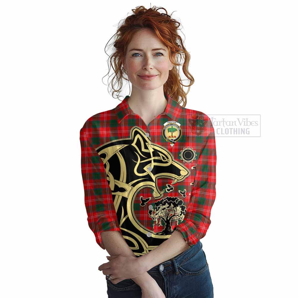 Fenton Tartan Women's Casual Shirt with Family Crest Celtic Wolf Style Female - Tartan Vibes Clothing