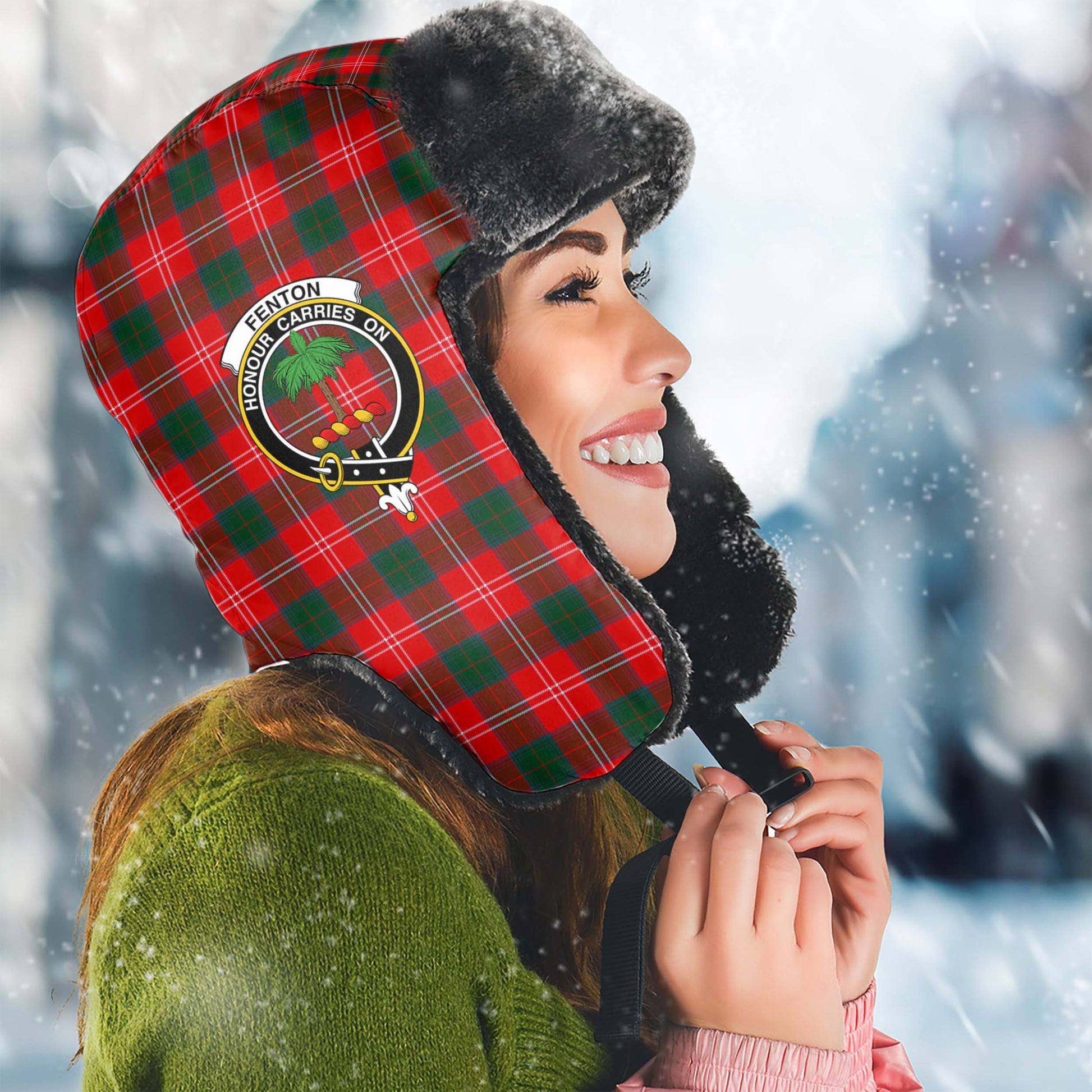 Fenton Tartan Winter Trapper Hat with Family Crest Winter Trapper Hat Universal Fit Circumference 22.8in (58cm) - Tartan Vibes Clothing