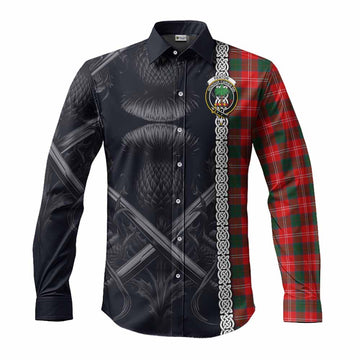 Tartan Vibes Clothing Fenton Tartan Long Sleeve Button Shirt with Family Crest Cross Sword Thistle Celtic Vibes