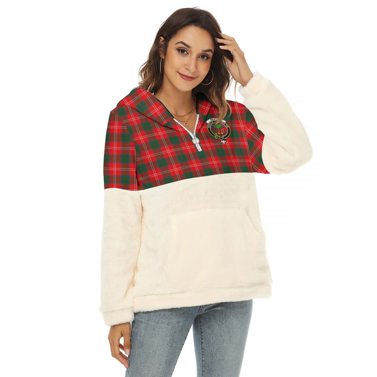 Fenton Tartan Half Style Women's Borg Fleece Hoodie with Half Zip with Family Crest Female - Tartan Vibes Clothing