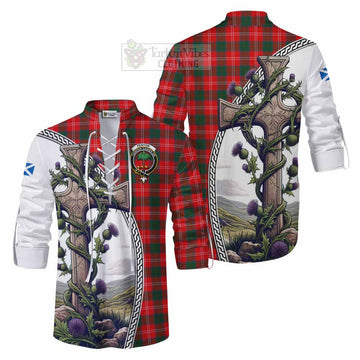 Fenton Tartan Ghillie Kilt Shirt with Family Crest and St. Andrew's Cross Accented by Thistle Vines Men - Tartan Vibes Clothing