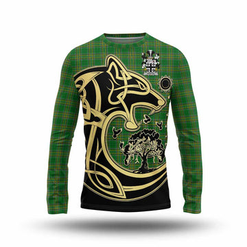 Fenton Irish Tartan Long Sleeve T-Shirt with Coat of Arms Celtic Wolf Style