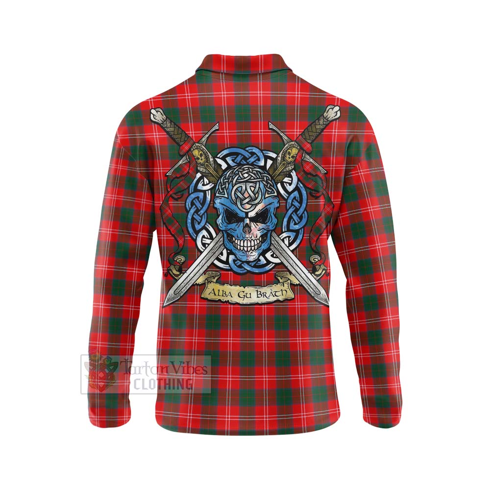 Fenton Tartan Long Sleeve Polo Shirt with Family Crest Celtic Skull Style - Tartan Vibes Clothing