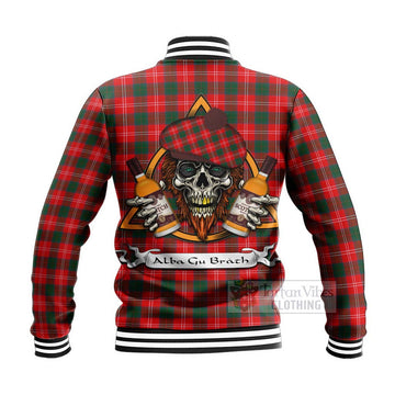 Fenton Tartan Baseball Jacket with Family Crest and Bearded Skull Holding Bottles of Whiskey - Tartan Vibes Clothing