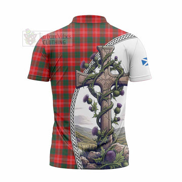 Fenton Tartan Zipper Polo Shirt with Family Crest and St. Andrew's Cross Accented by Thistle Vines - Tartan Vibes Clothing