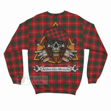 Fenton Tartan Sweatshirt with Family Crest and Bearded Skull Holding Bottles of Whiskey - Tartan Vibes Clothing