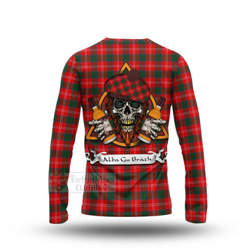 Fenton Tartan Long Sleeve T-Shirt with Family Crest and Bearded Skull Holding Bottles of Whiskey - Tartan Vibes Clothing