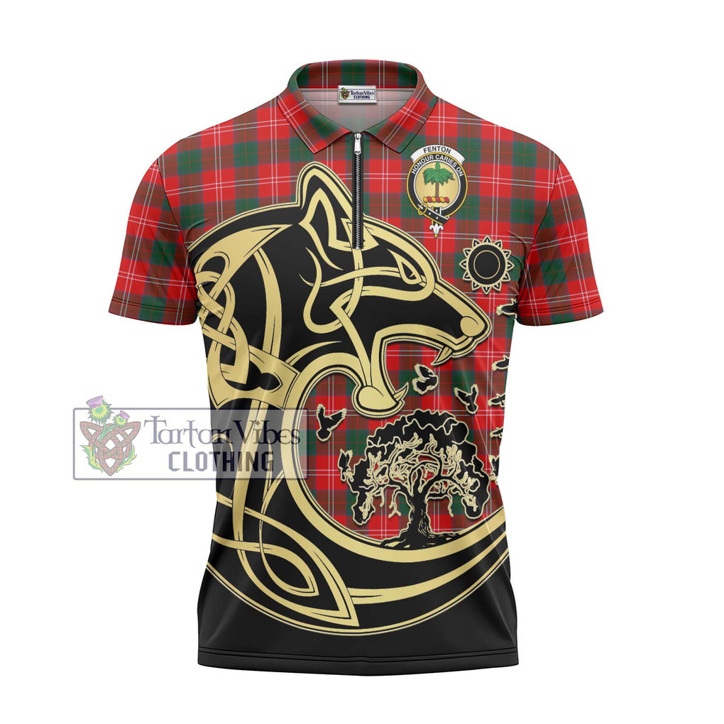 Fenton Tartan Zipper Polo Shirt with Family Crest Celtic Wolf Style - Tartan Vibes Clothing