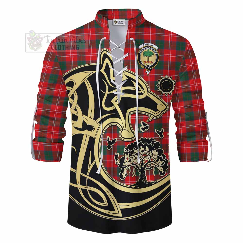 Fenton Tartan Ghillie Kilt Shirt with Family Crest Celtic Wolf Style - Tartan Vibes Clothing