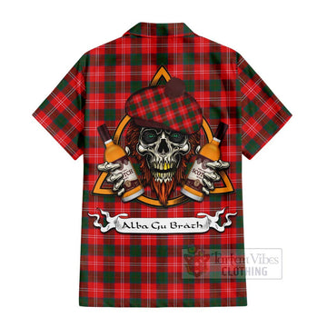 Fenton Tartan Hawaiian Shirt with Family Crest and Bearded Skull Holding Bottles of Whiskey - Tartan Vibes Clothing