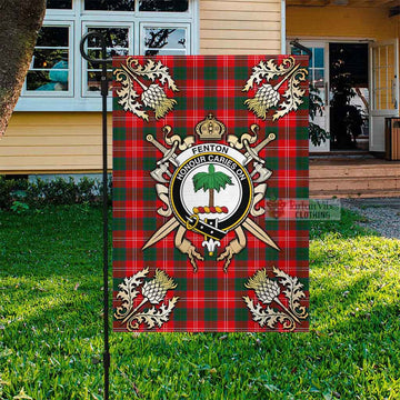 Fenton Tartan Garden Flag with Family Crest and Golden Thistle Crossed Sword Design