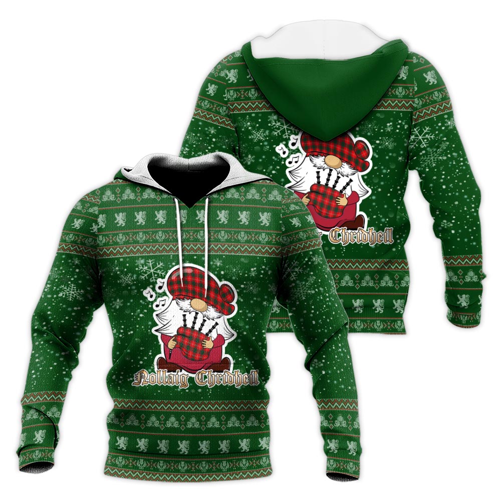 Fenton Clan Christmas Knitted Hoodie with Funny Gnome Playing Bagpipes Green - Tartanvibesclothing