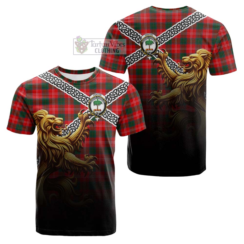 Tartan Vibes Clothing Fenton Crest Tartan Cotton T-shirt with Golden Lion Emblem Celtic Style