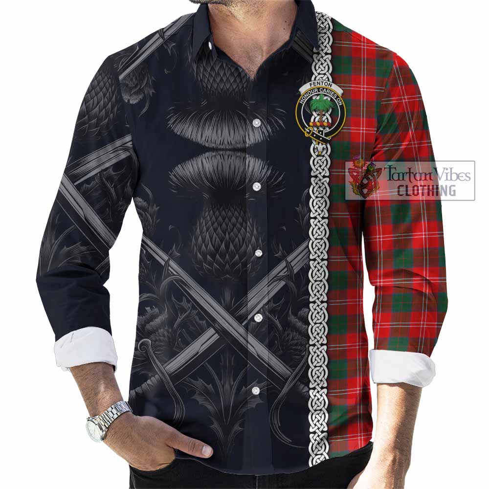 Tartan Vibes Clothing Fenton Tartan Long Sleeve Button Shirt with Family Crest Cross Sword Thistle Celtic Vibes