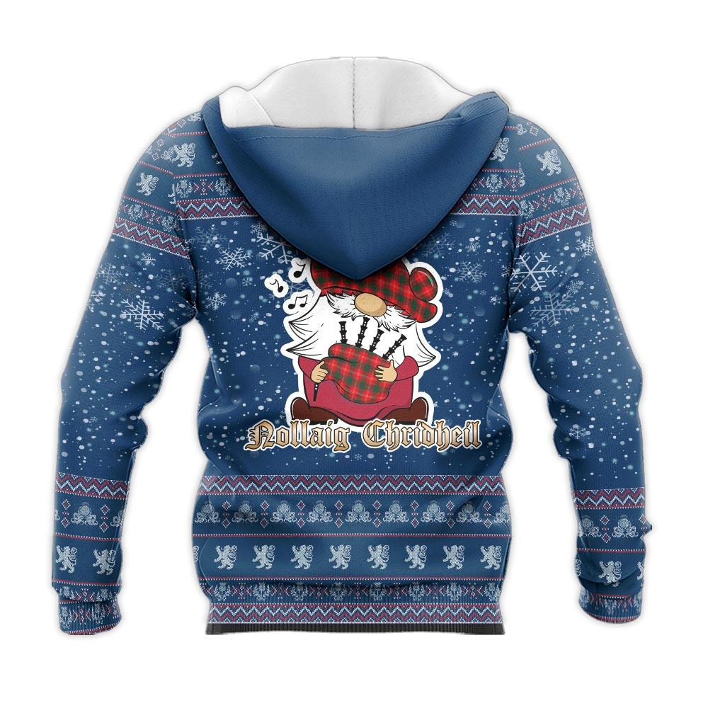 Fenton Clan Christmas Knitted Hoodie with Funny Gnome Playing Bagpipes - Tartanvibesclothing