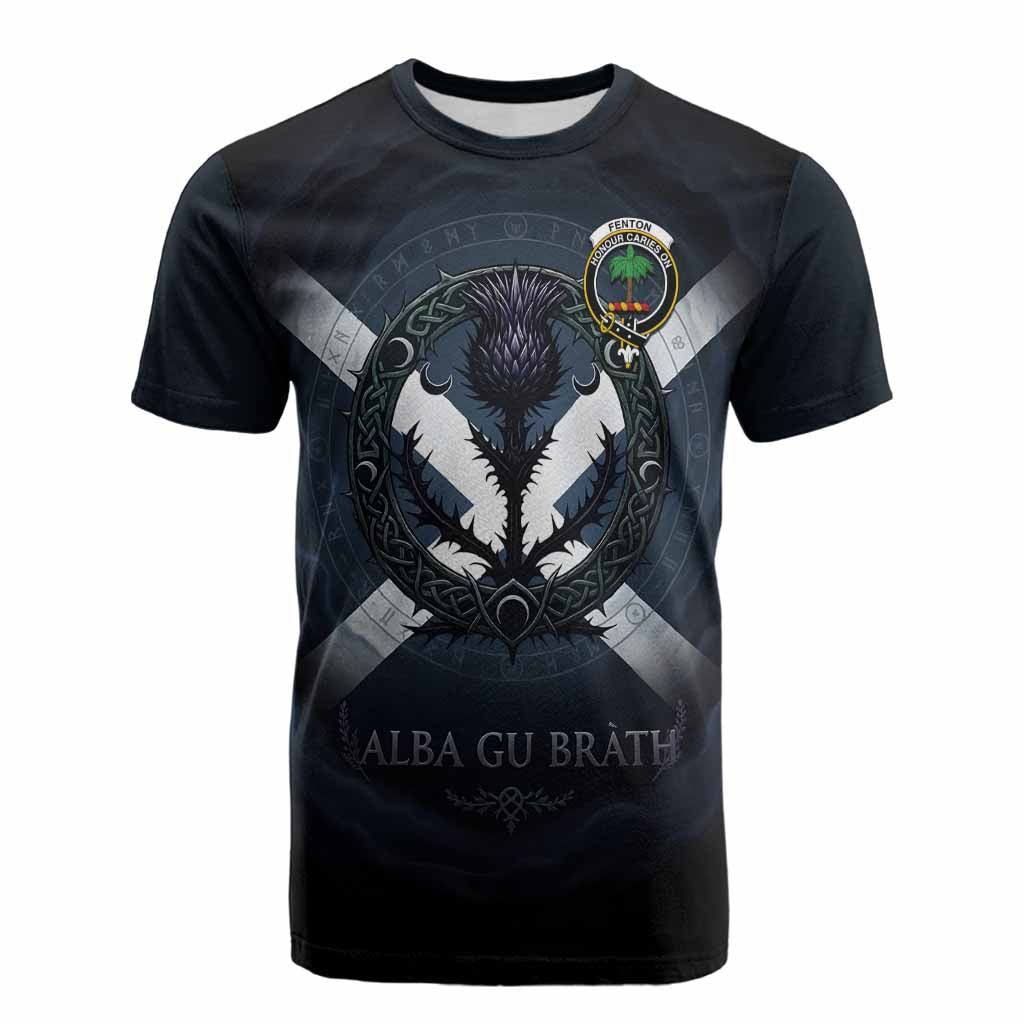 Fenton Clan Crest Cotton T-shirt with Celtic Knot Thistle and Saltire