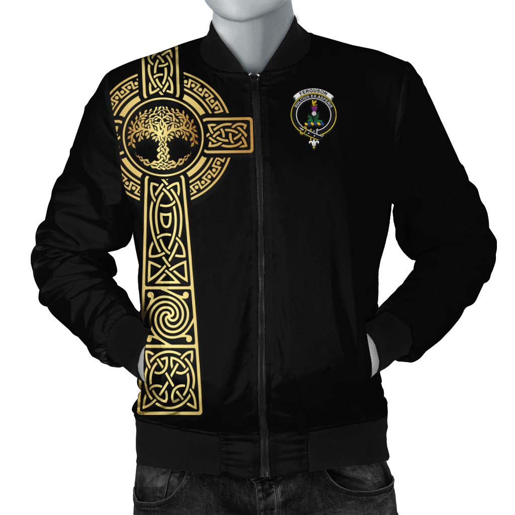 Ferguson Clan Bomber Jacket with Golden Celtic Tree Of Life Unisex Black - Tartanvibesclothing