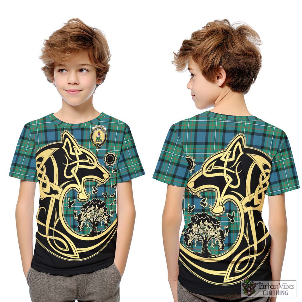 Ferguson (Fergusson) Tartan Kid T-Shirt with Family Crest Celtic Wolf Style Youth XL Size14 - Tartan Vibes Clothing