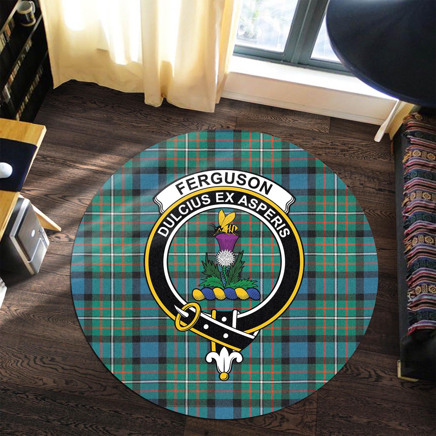 Ferguson Ancient Tartan Round Rug with Family Crest - Tartanvibesclothing