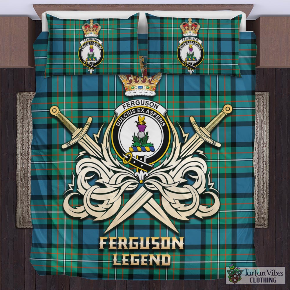Tartan Vibes Clothing Ferguson Ancient Tartan Bedding Set with Clan Crest and the Golden Sword of Courageous Legacy