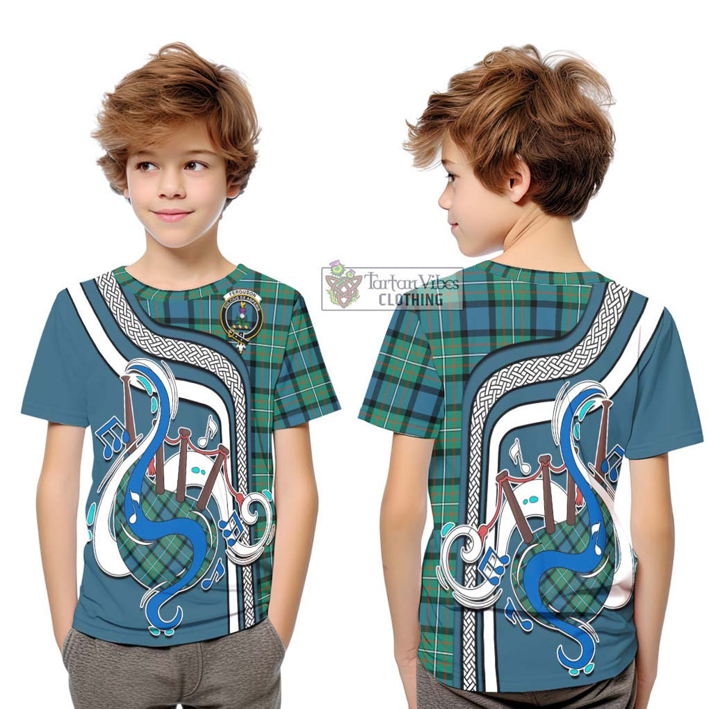 Tartan Vibes Clothing Ferguson Ancient Tartan Kid T-Shirt with Epic Bagpipe Style