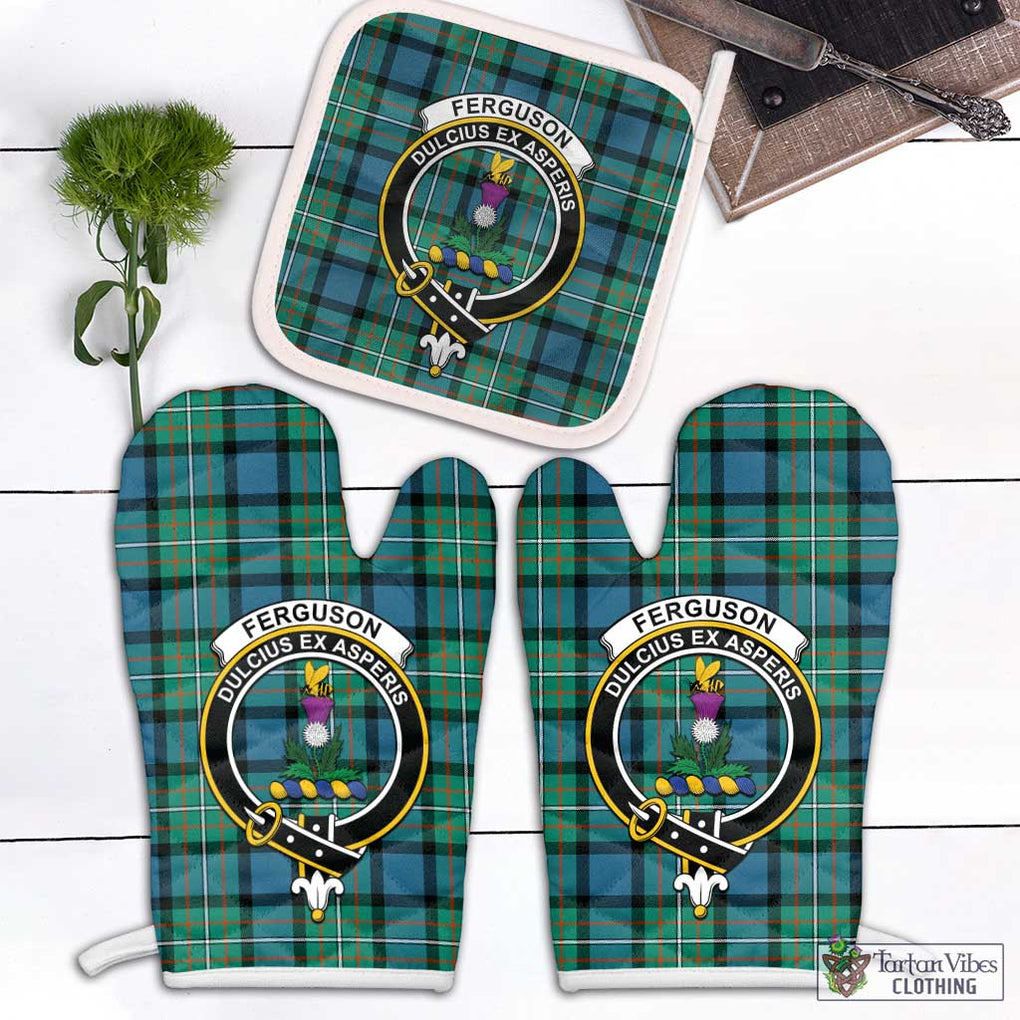 Ferguson (Fergusson) Tartan Combo Oven Mitt & Pot-Holder with Family Crest Combo 1 Oven Mitt & 1 Pot-Holder White - Tartan Vibes Clothing