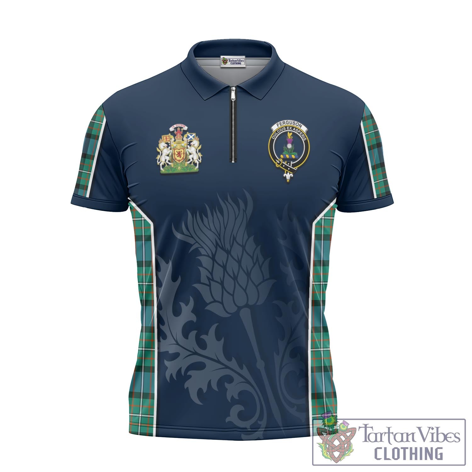 Tartan Vibes Clothing Ferguson Ancient Tartan Zipper Polo Shirt with Family Crest and Scottish Thistle Vibes Sport Style