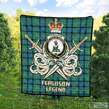 Ferguson Ancient Tartan Quilt with Clan Crest and the Golden Sword of Courageous Legacy
