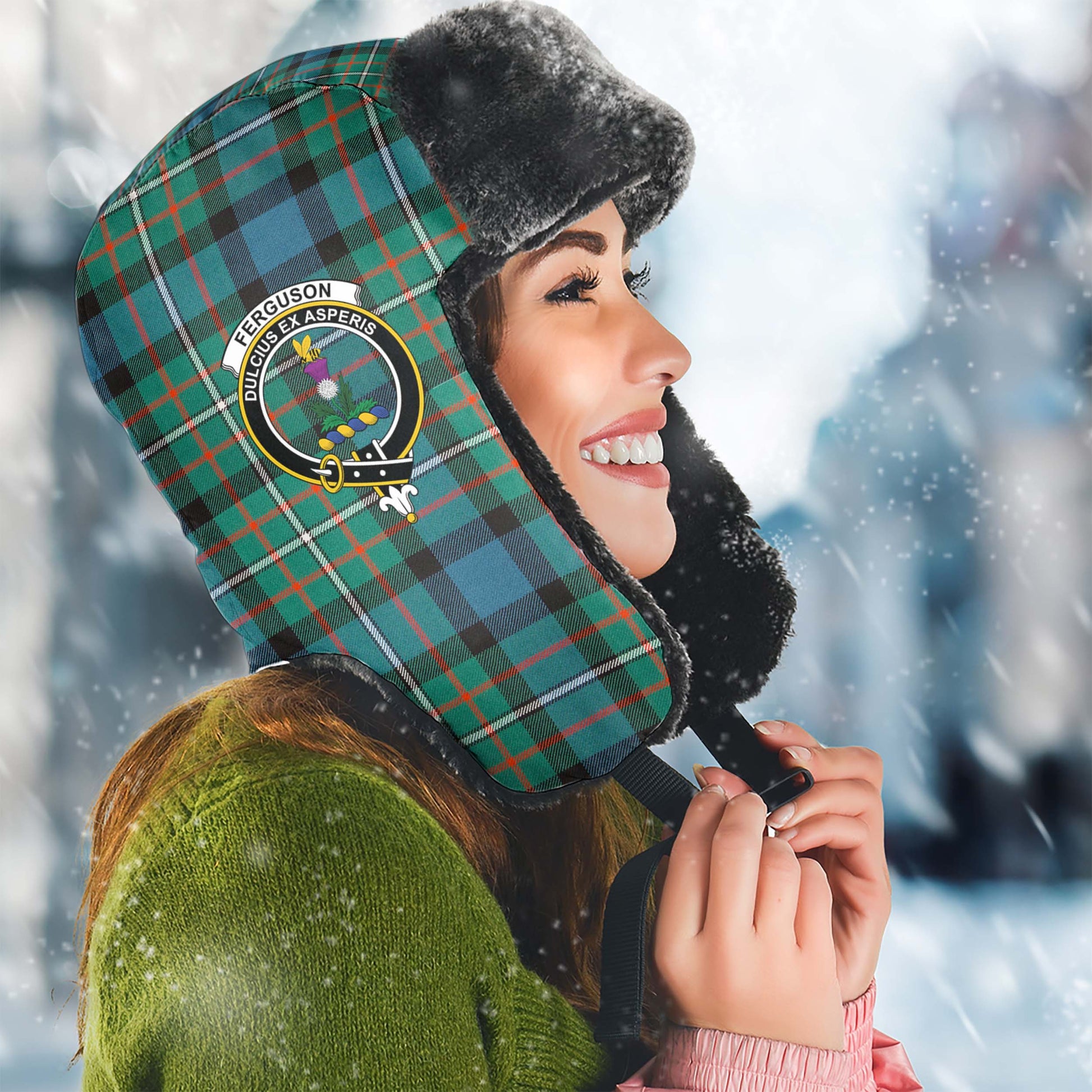 Ferguson Ancient Tartan Winter Trapper Hat with Family Crest Winter Trapper Hat Universal Fit Circumference 22.8in (58cm) - Tartanvibesclothing
