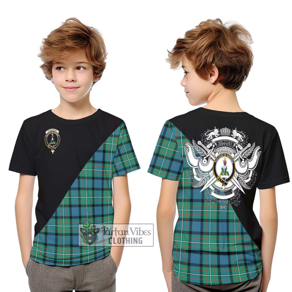 Ferguson (Fergusson) Tartan Kid T-Shirt with Family Crest and Military Logo Style Youth XL Size14 - Tartanvibesclothing Shop