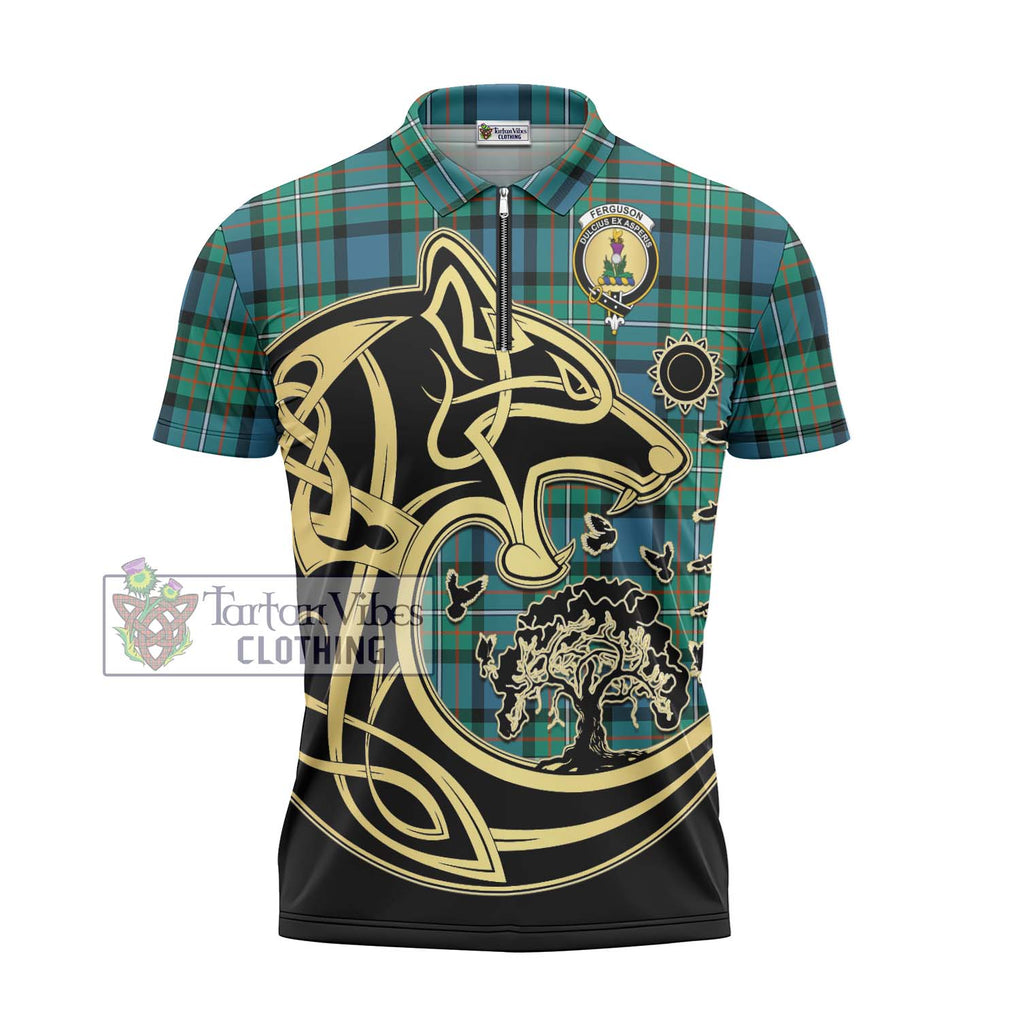 Ferguson (Fergusson) Tartan Zipper Polo Shirt with Family Crest Celtic Wolf Style - Tartanvibesclothing Shop