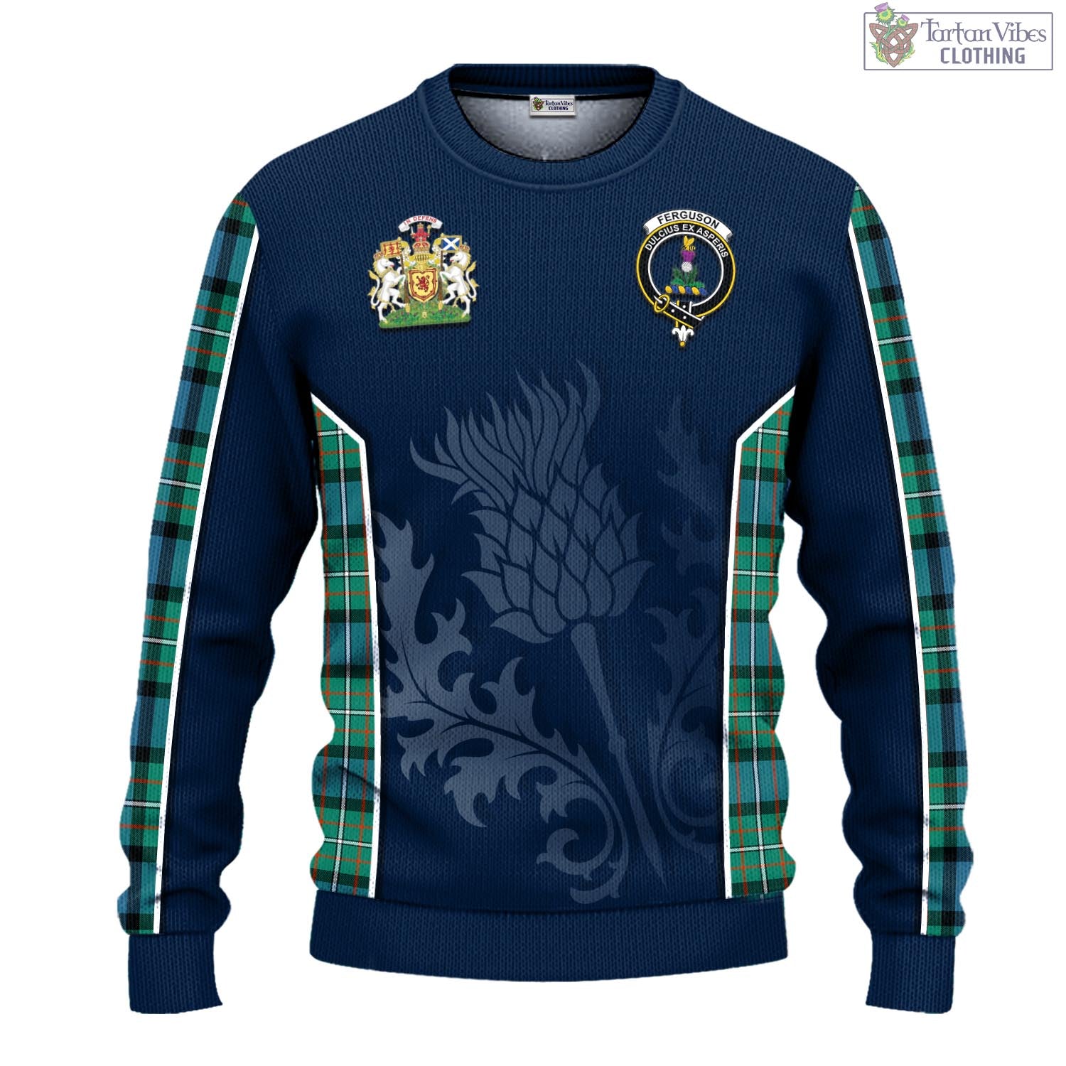 Tartan Vibes Clothing Ferguson Ancient Tartan Knitted Sweatshirt with Family Crest and Scottish Thistle Vibes Sport Style