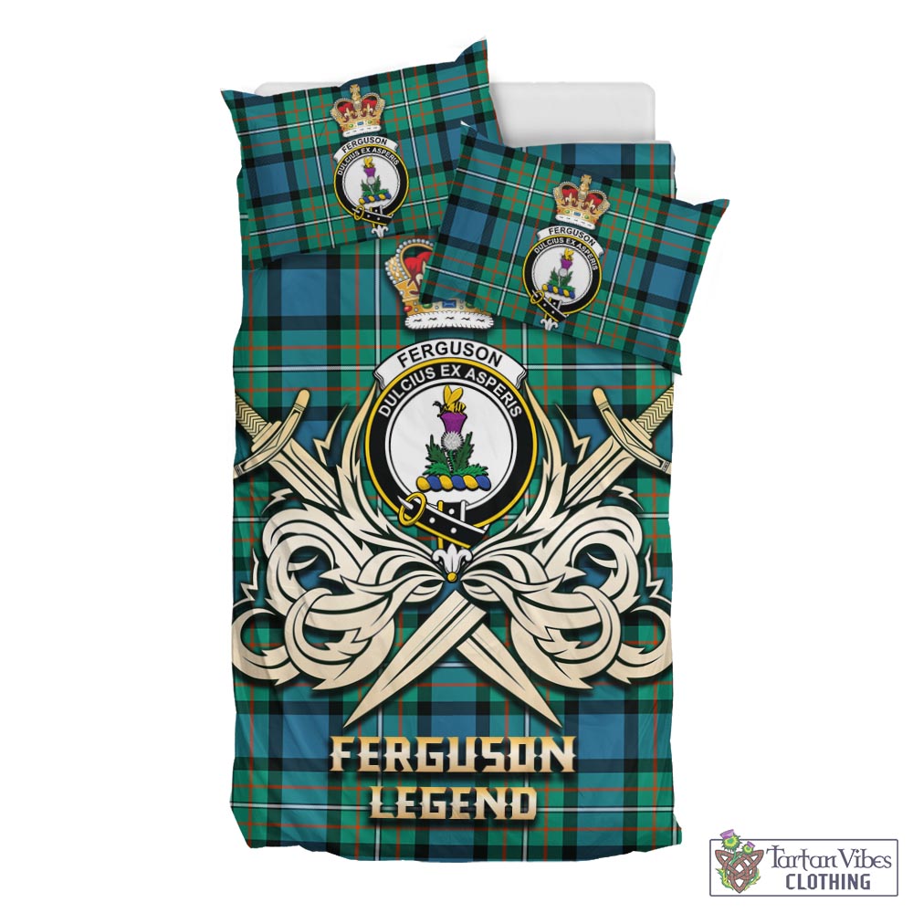 Tartan Vibes Clothing Ferguson Ancient Tartan Bedding Set with Clan Crest and the Golden Sword of Courageous Legacy