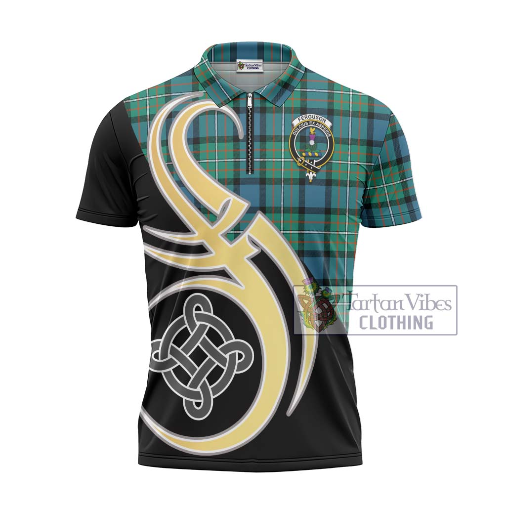 Tartan Vibes Clothing Ferguson Ancient Tartan Zipper Polo Shirt with Family Crest and Celtic Symbol Style