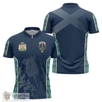 Ferguson Ancient Tartan Zipper Polo Shirt with Family Crest and Scottish Thistle Vibes Sport Style