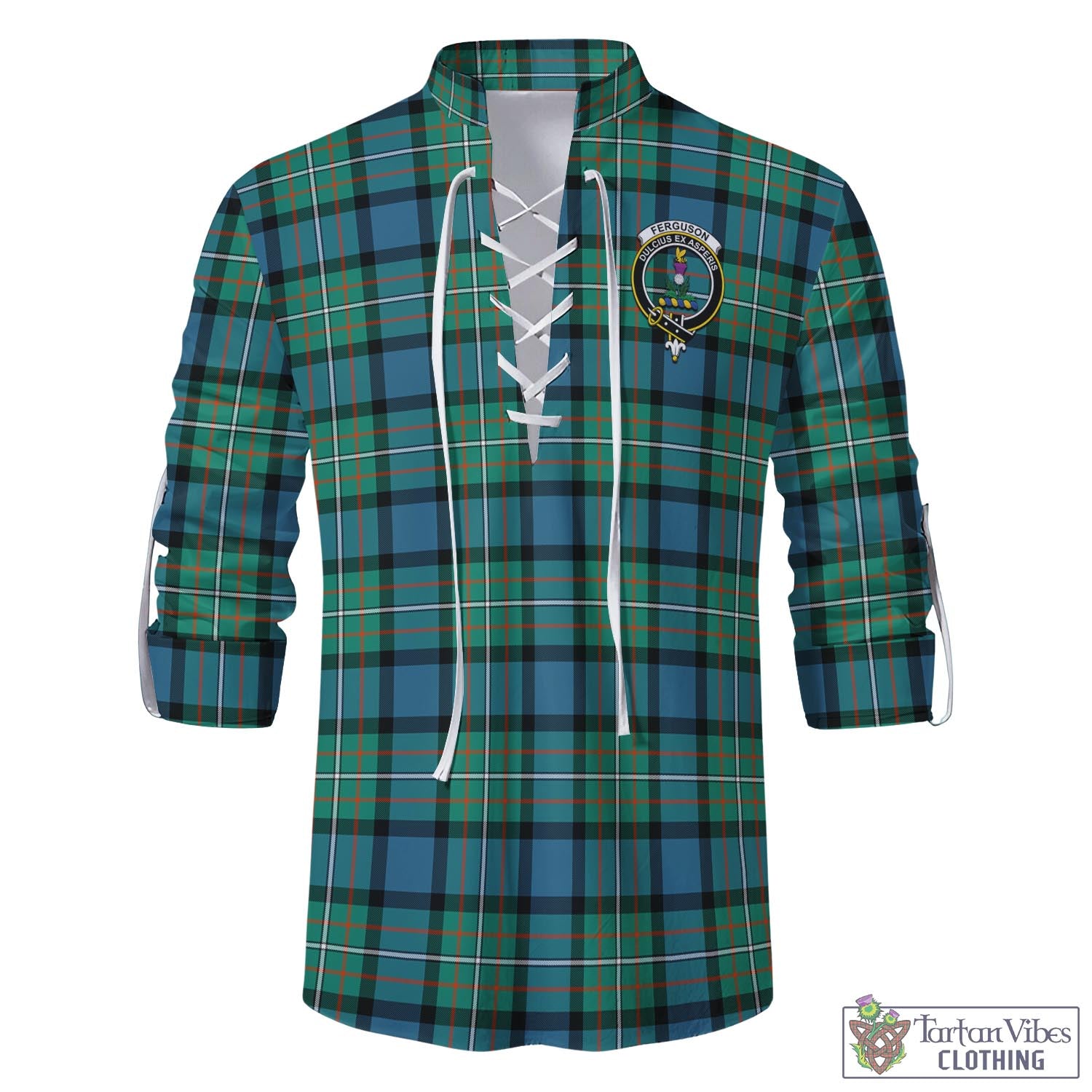 Tartan Vibes Clothing Ferguson Ancient Tartan Men's Scottish Traditional Jacobite Ghillie Kilt Shirt with Family Crest