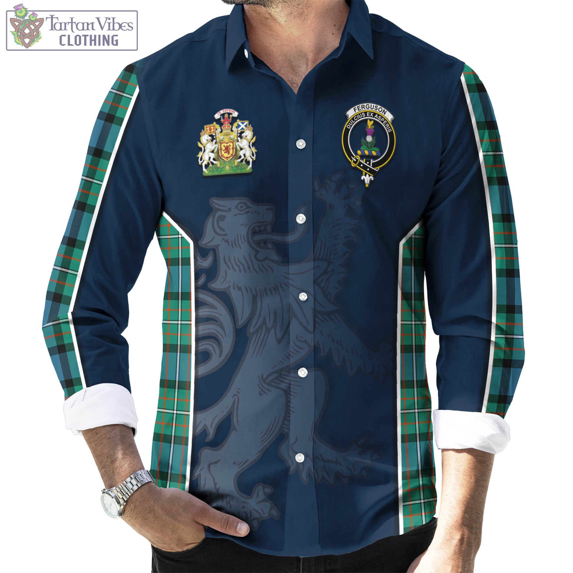 Tartan Vibes Clothing Ferguson Ancient Tartan Long Sleeve Button Up Shirt with Family Crest and Lion Rampant Vibes Sport Style