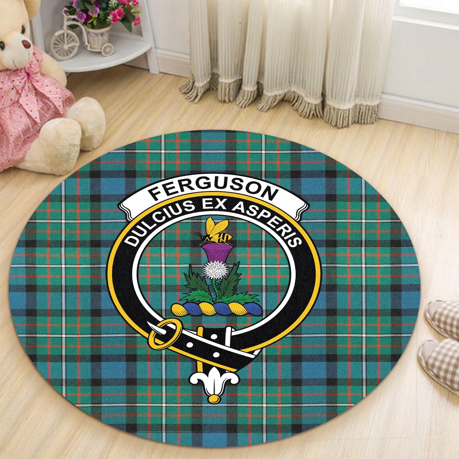 Ferguson Ancient Tartan Round Rug with Family Crest - Tartanvibesclothing