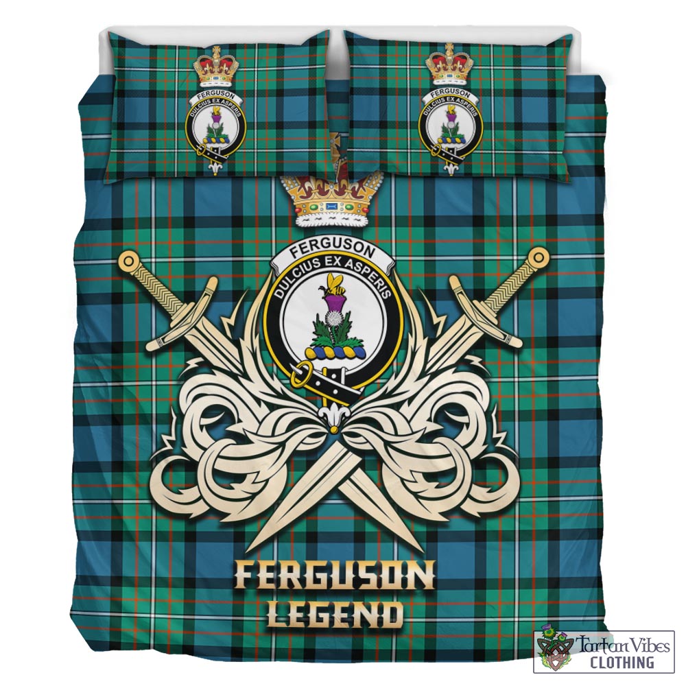 Tartan Vibes Clothing Ferguson Ancient Tartan Bedding Set with Clan Crest and the Golden Sword of Courageous Legacy