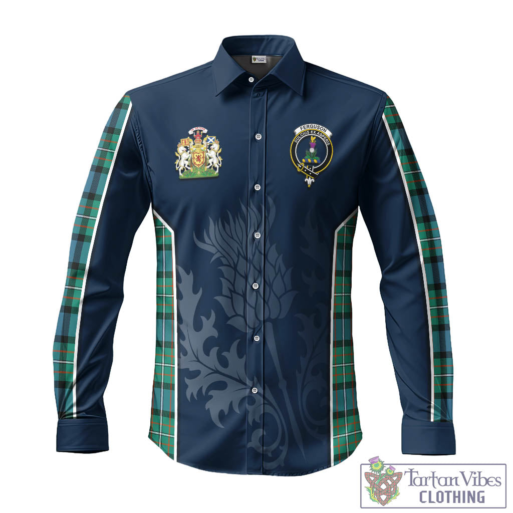 Tartan Vibes Clothing Ferguson Ancient Tartan Long Sleeve Button Up Shirt with Family Crest and Scottish Thistle Vibes Sport Style
