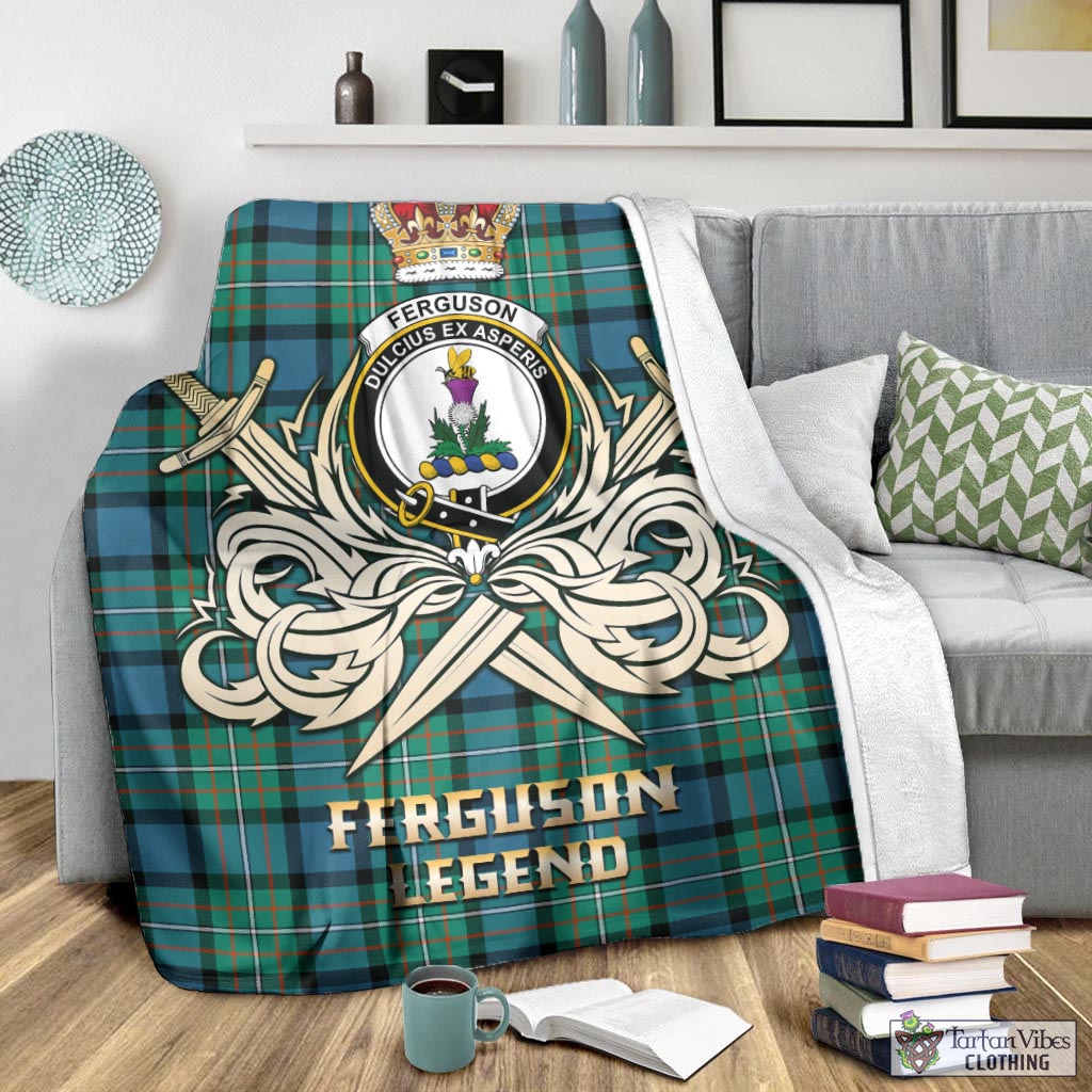 Tartan Vibes Clothing Ferguson Ancient Tartan Blanket with Clan Crest and the Golden Sword of Courageous Legacy