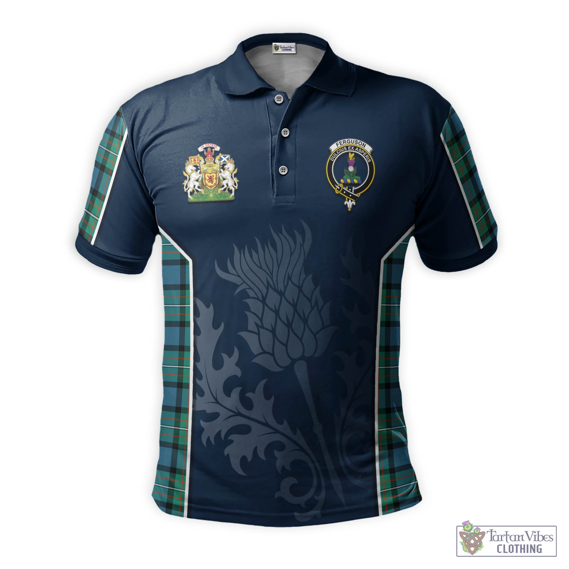 Tartan Vibes Clothing Ferguson Ancient Tartan Men's Polo Shirt with Family Crest and Scottish Thistle Vibes Sport Style