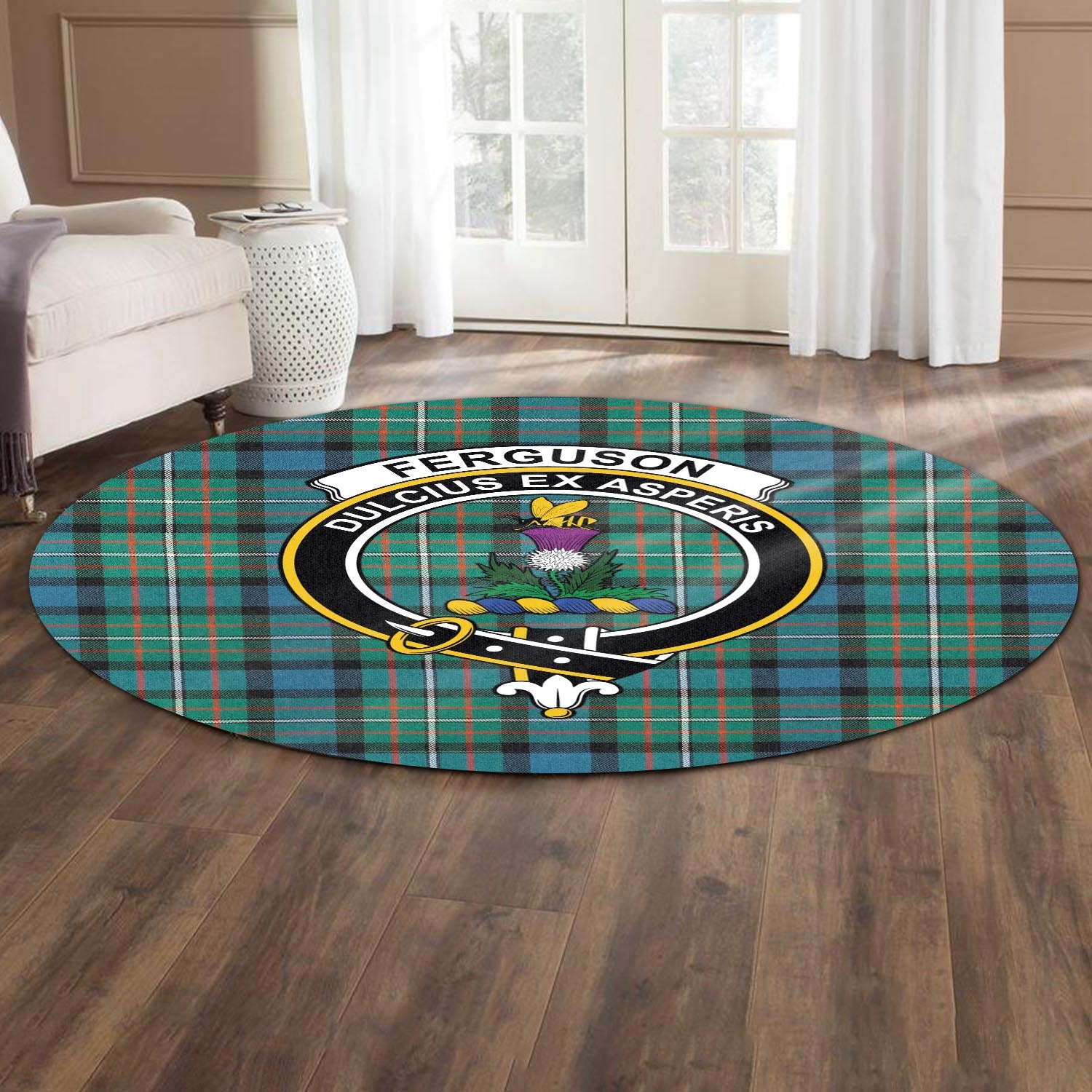 Ferguson Ancient Tartan Round Rug with Family Crest - Tartanvibesclothing