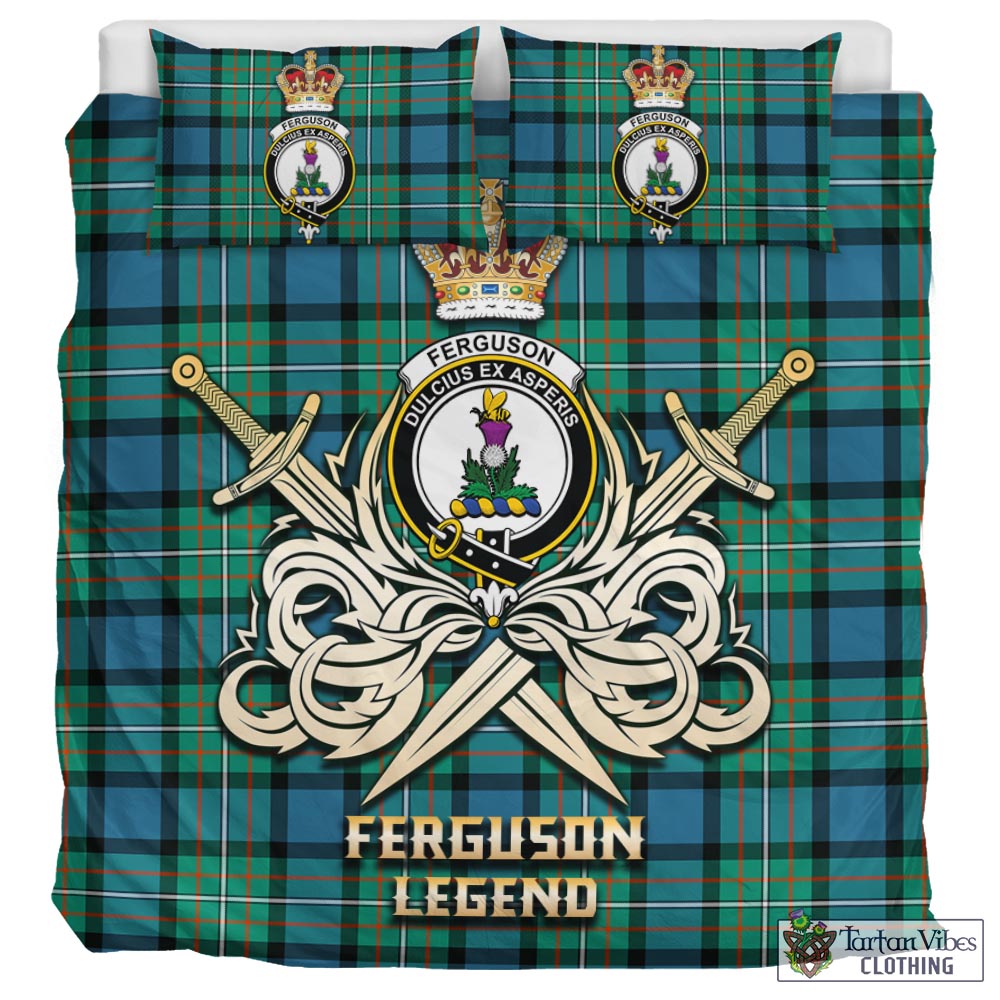 Tartan Vibes Clothing Ferguson Ancient Tartan Bedding Set with Clan Crest and the Golden Sword of Courageous Legacy