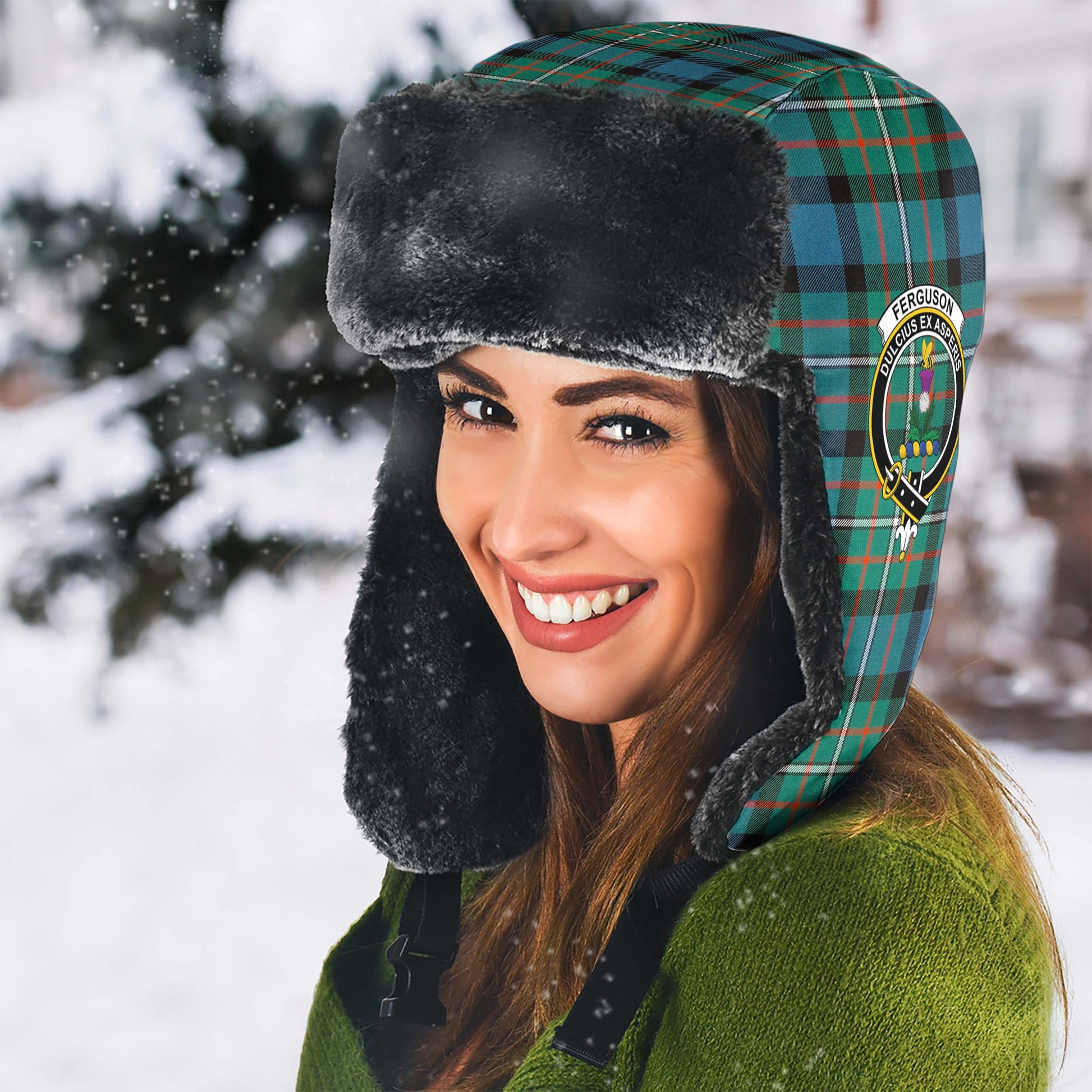 Ferguson Ancient Tartan Winter Trapper Hat with Family Crest - Tartanvibesclothing